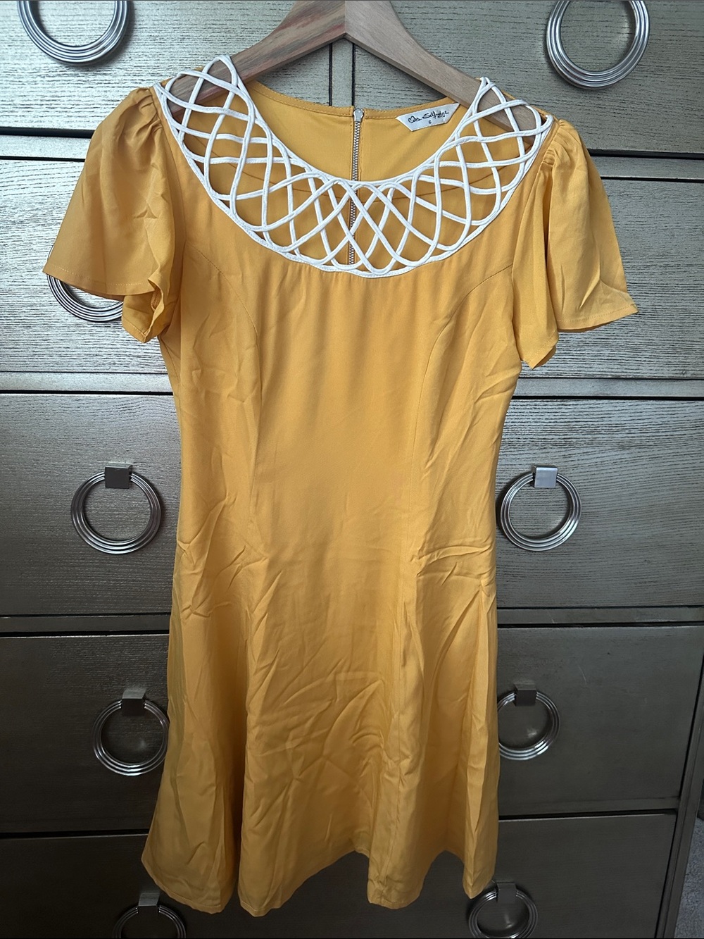 🛍️SALE🛍️ Miss Selfridge Yellow Skater Short Sleeve Dress with Lattice Neckline - Picture 2 of 6